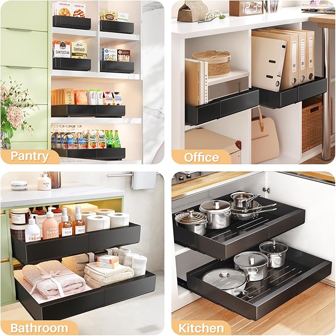 Pull out Cabinet Organizer, Expandable(12"-20") Heavy Duty Peel and Stick Roll out Drawer for Pots and Pans, Adjustable Adhesive No Drill Screw Slide out Shelf Storage for Home Kitchen Pantry