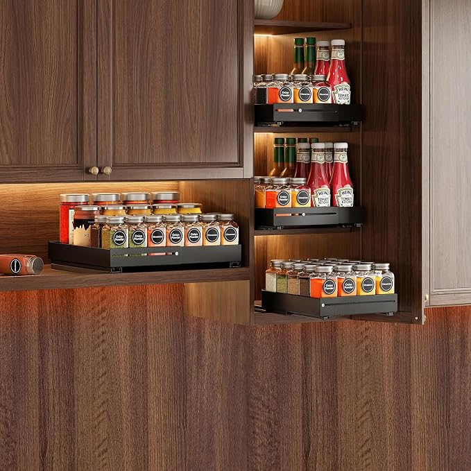 SNTD Pull Out Spice Rack for Upper Cabinet - Expandable Organizer with Smooth Ball Bearing Slides, No Drill Mounting Spice Storage for Kitchen (2 Pack, 7.2" to 12.9" W X 10" D X 2.2" H)