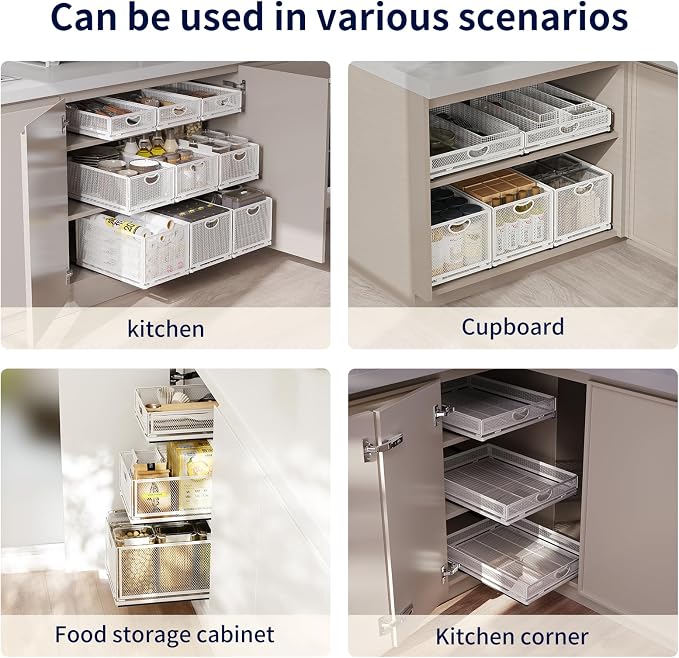 Pull Out Cabinet Organizer, No Drill Adhesive Sliding Drawers for Kitchen, Metal Mesh Wire Storage Shelf for Pantry & Under Sink, White (9.6" W x 11.8" D x 8.4" H)