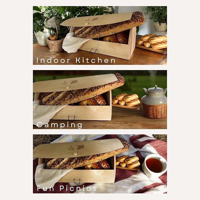 Large Birch Wood Bread Box 15″ | Natural Bread Storage Bin for Kitchen Countertop, Eco-Friendly Loaf Keeper | No Assembly Needed| Lightweight & Portable for Picnic, Camping & Travel