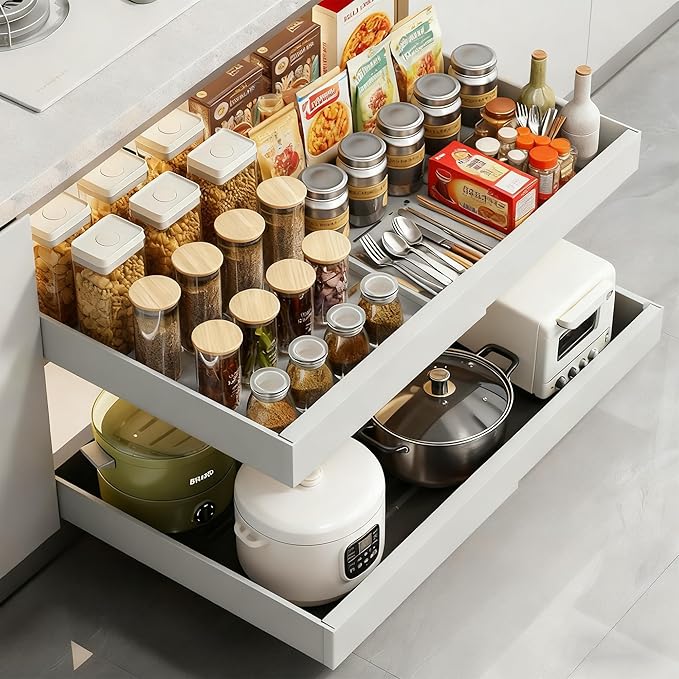 Pull Out Drawers for Cabinets, 1 Pack 21" Deep Expandable Slide Out Drawer for Kitchen Cabinets Adhesive Pantry Pullout Shelves Load-Bearing Upgrade 3 Slide Rails White