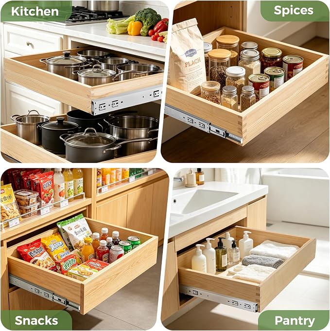 Wooden Pull Out Cabinet Organizer for Kitchen Fully Assembled 21" W x 21" D x 3" H Solid Wood Drawer with Soft Close Slides Bottom or Side Mount for Pantry Bathroom Bedroom Dining Room Storage