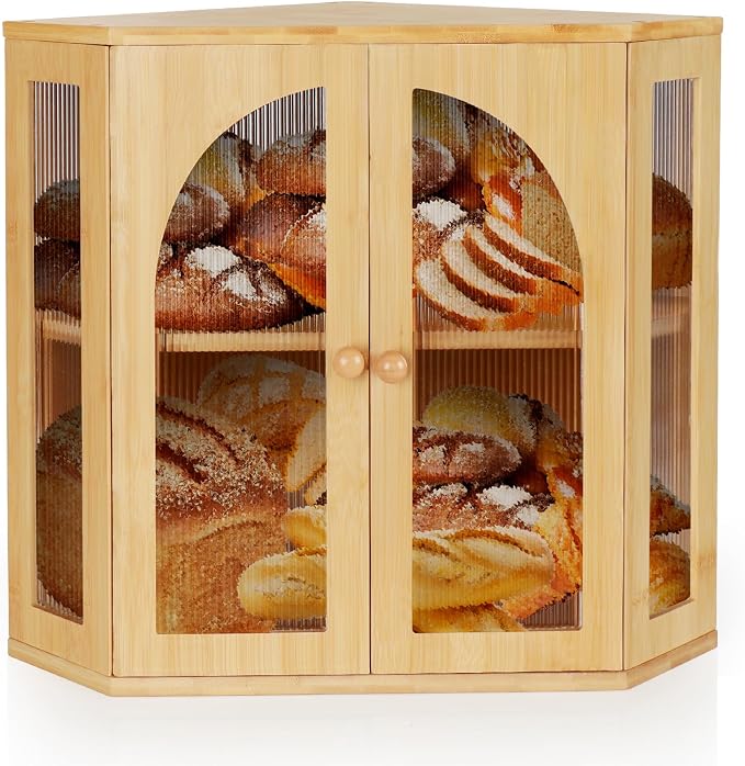 Corner Bread Box for Kitchen Countertop, Double Layer Bamboo Bread Storage Container for Homemade Bread, Large Capacity Bread Holder with 3 Adjustable Height for Counter, Natural