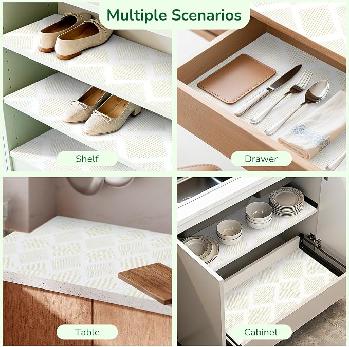 Drawer and Shelf Liner for Kitchen 17.5in x 10FT, Non-Slip Non-Adhesive Cabinet Liners for Cupboard, Dresser, Shelves, Tool Box, Pantry, Thickened Easy Install, Strong Grip, Yellow&White