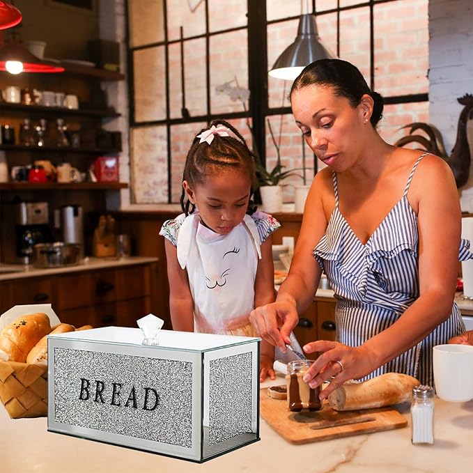 Large Crystal Glass Bread Container Box with Lid, 12.2" L x 6.3" W x 7.9" H Silver Homemade Bread Storage, Crushed Diamond Home Decor, Keep Bread Fresh Clean, Bread Bin for Kitchen Countertop