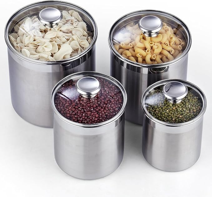Cooks Standard Classic Stainless Steel Food Jar Storage Canister Set Large, Airtight Containers with Glass Lid for Tea Coffee Sugar Flour Pantry Kitchen Counter, 4-Piece