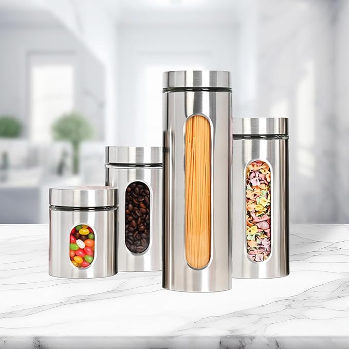 JS Gourmet 4 Pcs Stainless Steel Canisters Set for Kitchen with Glass Window and Airtight Lid, Perfect for Storing Coffee, Spaghetti, Sugar, Beans and Dry Ingredients (Silver)
