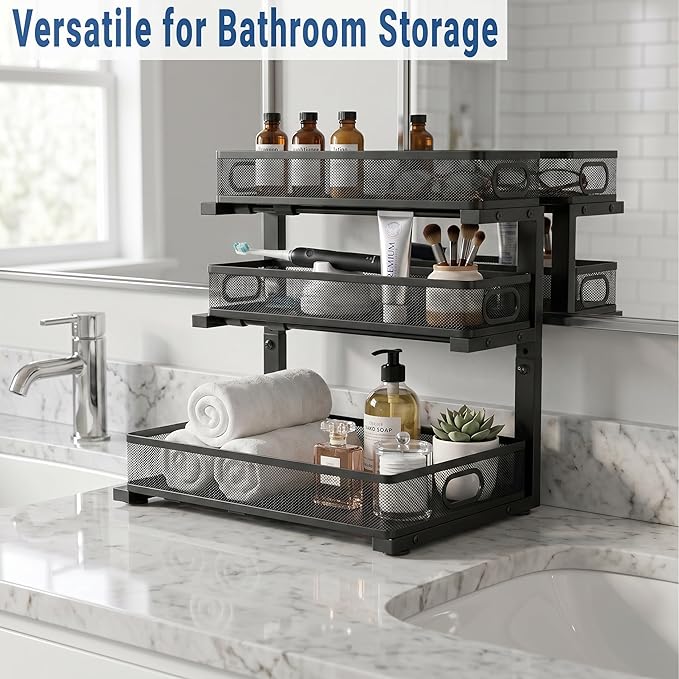 Under Kitchen Sink Organizer,3-Tier Black Metal Pull Out Cabinet Organizers, Slide Out Under Sink Storage Drawers, Under Sink Organizer Bathroom Counter Shelf, Pantry Organization and Storage (2 Pack)