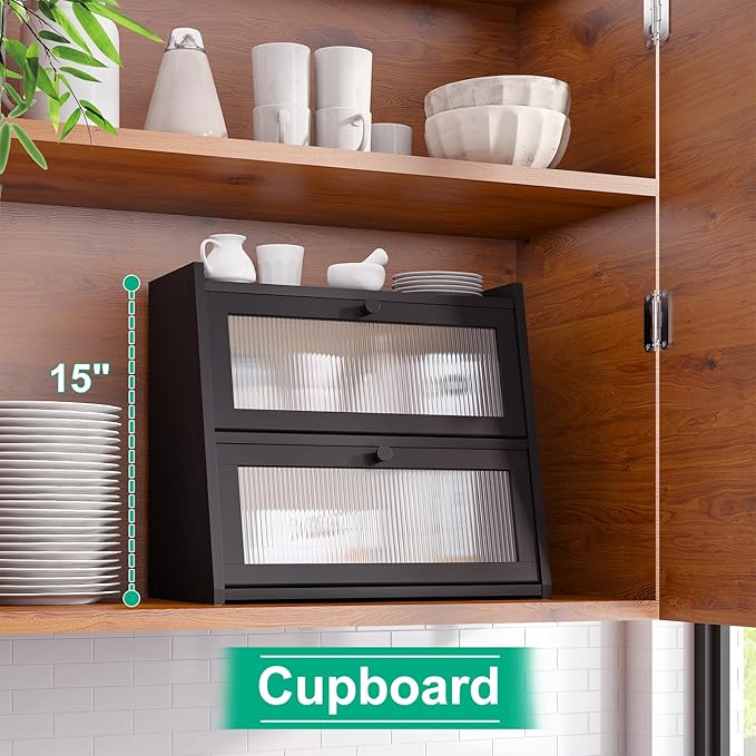 kiplant Large Black Bread Box, Double-Layer Bread Box for Kitchen Counter, Bamboo Bread Storage Container with Wavy Acrylic Transparent Door