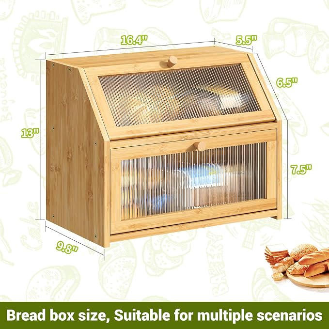 BMOSU Large Bread Box for Kitchen Countertop,Double Layer Bread Box for Kitchen Counter,Bamboo Wood Bread box Capacity Bin Storage(Natural)