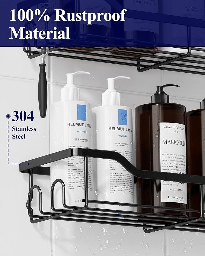 Kitsure Shower Caddy Large - Adhesive Shower Organizer, Stainless Steel Shelf for Inside Shower, No Drill Bathroom Organizers and Storage, Home Decor Accessories, 2 Pack, Black