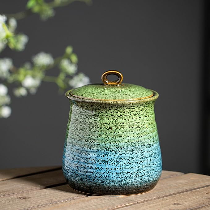 40 OZ Cookie Jar,Dog Treat Jar, Kitchen Canisters for Countertop for Food Storage Coffee, Tea,Flour, Beans, Spices, Nuts and More Ceramic Jar with Lid. (Green and Blue)