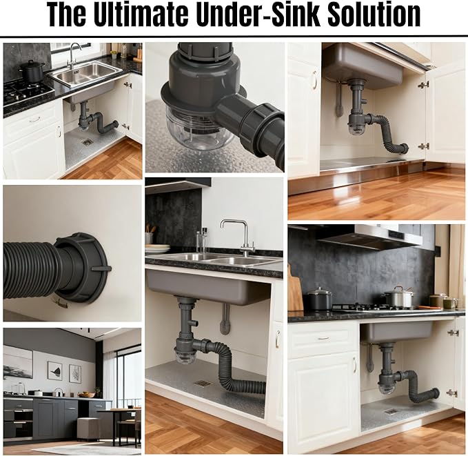 1-1/4" and 1-1/2" PVC Bottle Trap Plumbing Kit with Threaded Adapter, Sink Drain kit for Bathroom and Kitchen, P-Trap Replacement, Flexible Extension Tube Drain Tailpiece