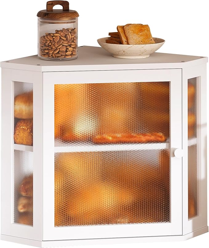 Corner Bread Box for Kitchen Countertop,Bread Storage for Homemade Bread, Double Layer Large Bamboo Kitchen Storage Bin with Window (White, Medium)