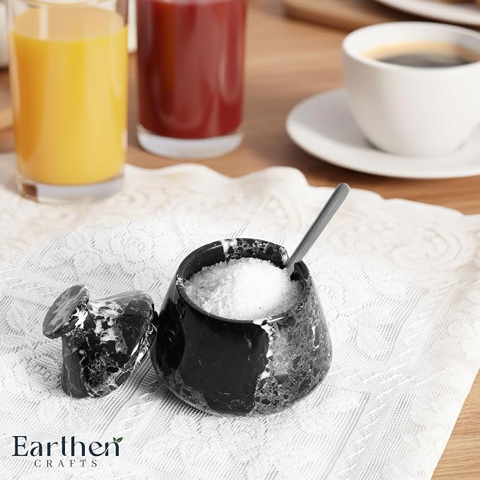 Marble Salt Cellar with Lid & Spoon, Black, 3" Salt Box Natural Stone Salt Holder For Countertop Salt Dish Spice Jar Seasoning Storage Containers for Kitchen Table Decor