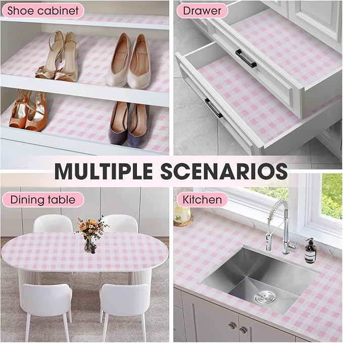 Drawer and Shelf Liner, Non-Slip Kitchen Cabinet Liners Non-Adhesive Thick Strong Grip Waterproof Washable Mats Protect Dresser Shelves Cupboard Bathroom Cabinets, Pink Plaid, 18 in X 10 FT