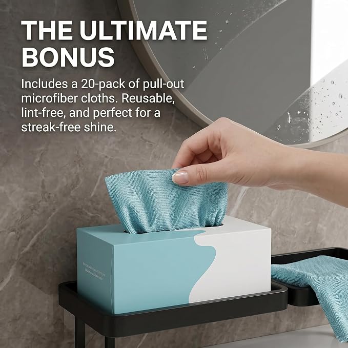 Behind The Faucet Sink Organizer with 20-Pack Pull-Out Microfiber Cloths, No-Drill U-Shaped Bathroom Countertop Shelf, Holds 10 Lbs, Quick Drain Washbasin Space Saver (White)