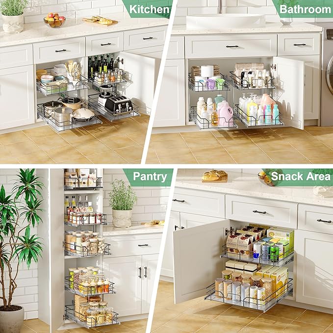 2-Tier Pull Out Cabinet Organizer (14" W x 22" D), Soft Close Cabinet Slide Out Shelves, Heavy Duty Slide Out Drawers with Shelf Liner for Kitchen Cabinets, Pantry Storage, Bathroom