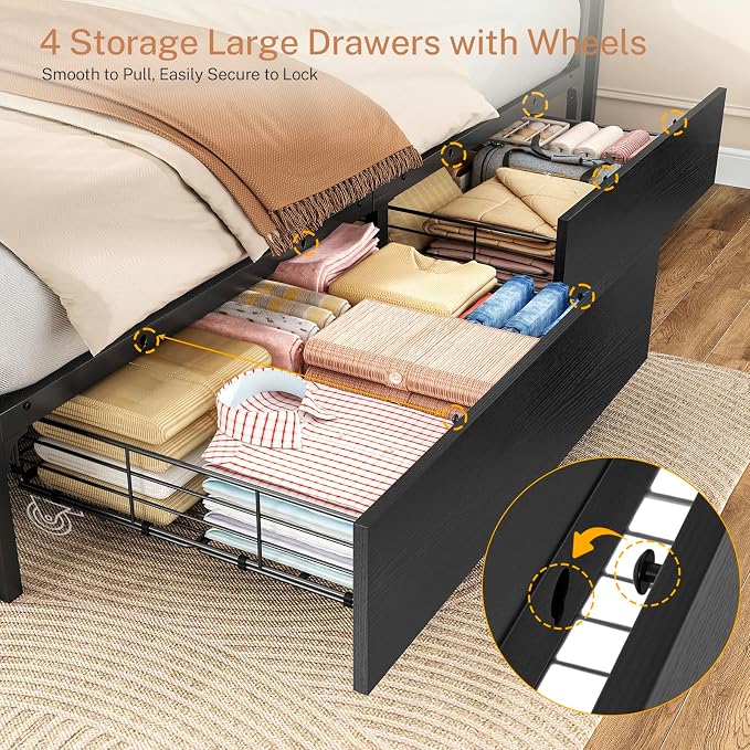 TEENFON Full Size Bed Frame with Storage 4 Drawers & LED Lights, Upholstered Headboard with Shelves and Built in Charging Station, Metal Platform Noise-Free/No Box Spring Needed, Black