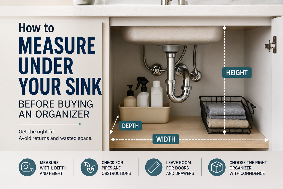 Measuring the inside of a kitchen sink cabinet before installing an under sink organizer