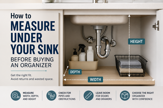 Measuring the inside of a kitchen sink cabinet before installing an under sink organizer