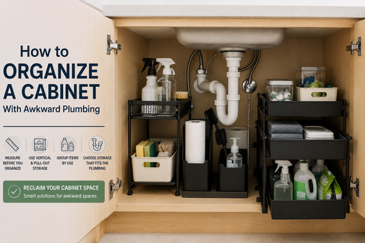 Under-sink cabinet organized around plumbing pipes using a pull-out organizer and tiered shelving