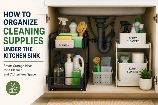Under sink organizer for cleaning supplies in kitchen cabinet