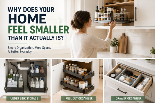 Cluttered home storage area before using cabinet and drawer organizers