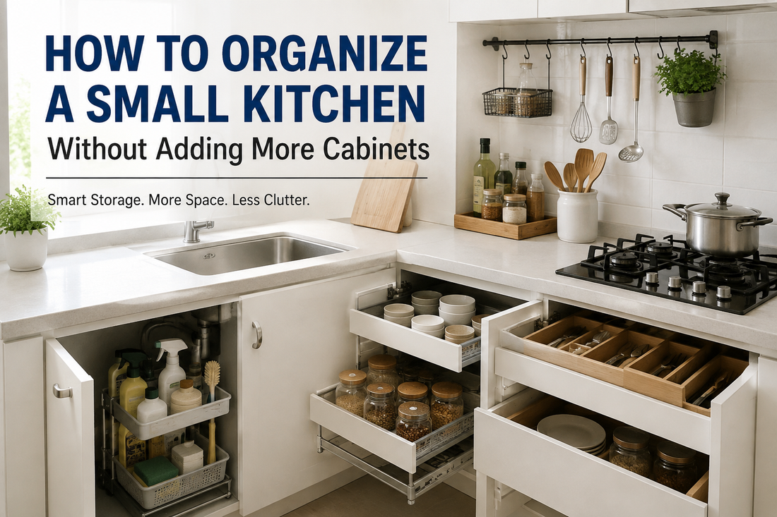 Small kitchen with under sink organizer and cabinet storage solutions by Fixora