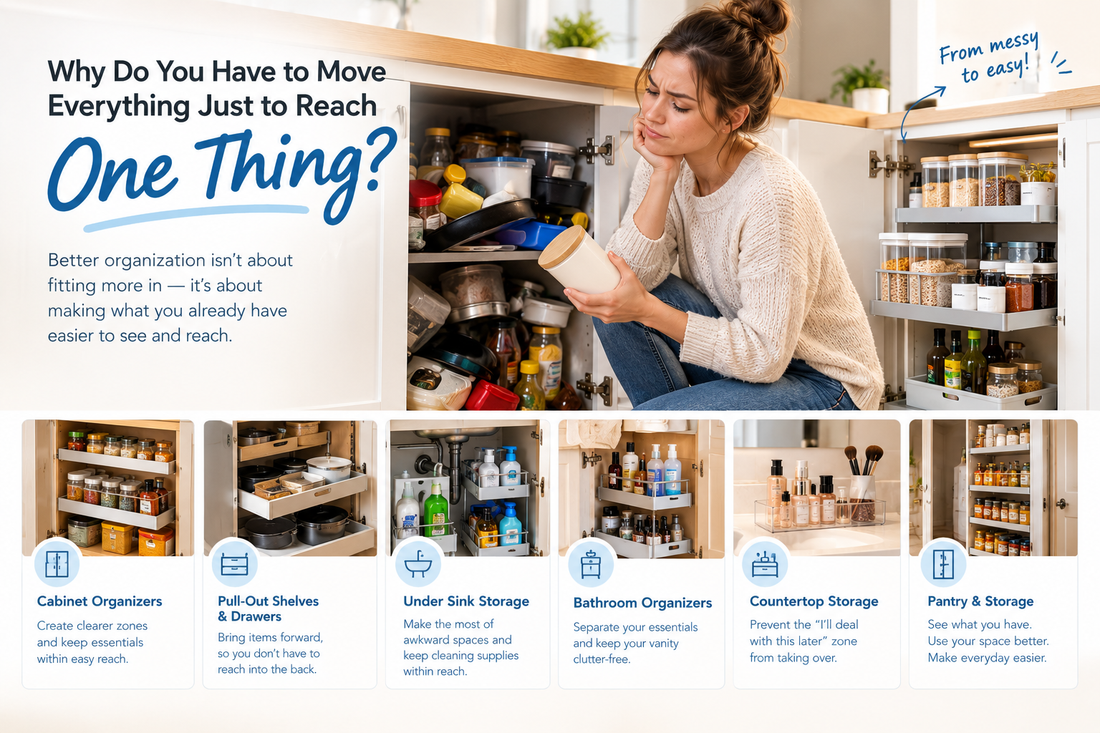 Cabinet organizer and pull out organizer improving kitchen cabinet accessibility
