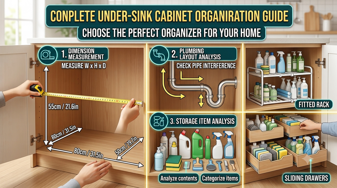 Under sink organizer installed inside a kitchen cabinet with pull-out shelves and storage compartments