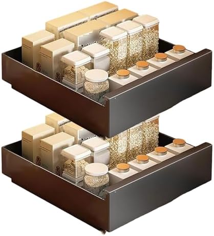 2 Pack Metal Slide-Out Cabinet Organizer with Smooth Track, Removable Design for Easy Cleaning, No Drill Adhesive, Ideal for Kitchen, Pantry, Bathroom Storage
