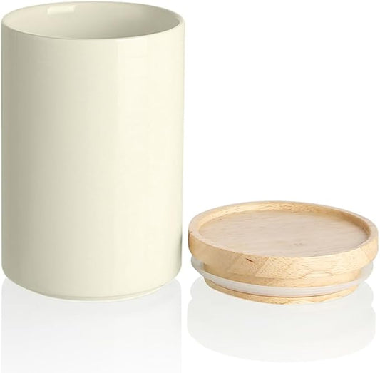 Sweejar Kitchen Canisters Ceramic Food Storage Jar, Stackable Containers with Airtight Seal Wooden Lid for Serving Ground Coffee, Tea, Sugar, Salt and More - 28 Fl Oz (Beige)