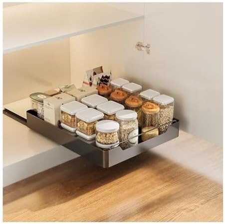 Expandable Pull-Out Cabinet Organizer, Stainless Steel Slide-Out Drawers for Kitchen, Bathroom, Pantry, and Office, No Drilling Required, Adjustable Storage Shelves(43 * 30 * 7cm)