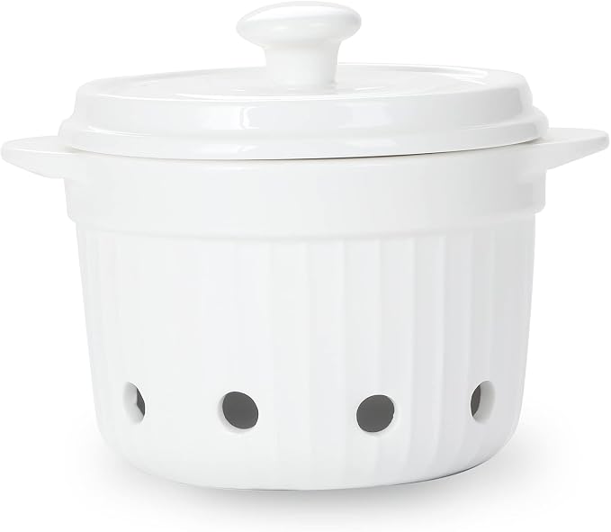 Garlic Keeper with Lid, Ceramic Garlic Saver Container for Countertop, Kitchen Decor (White)