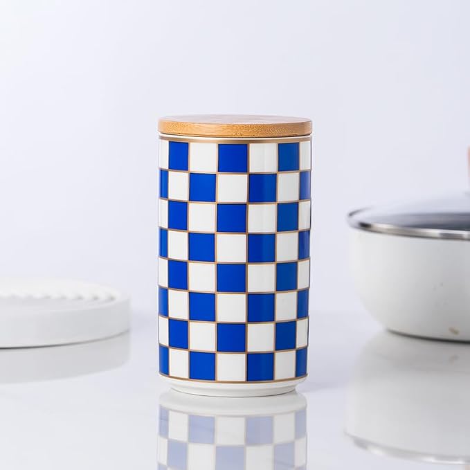 Kitchen countertop ceramic grid pattern airtight jar set - a set of 3 kitchen jars with layered shelves, sealed countertop flour and sugar containers, coffee and tea storage (Blue)