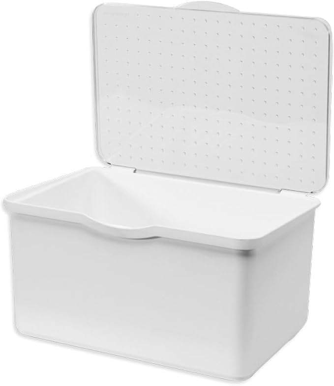 madesmart Medium Stacking Lid Bin, Clear-Lid Storage Organizer for Makeup, Cotton Balls & Bathroom Essentials, Stackable Countertop or Cabinet Bin, White