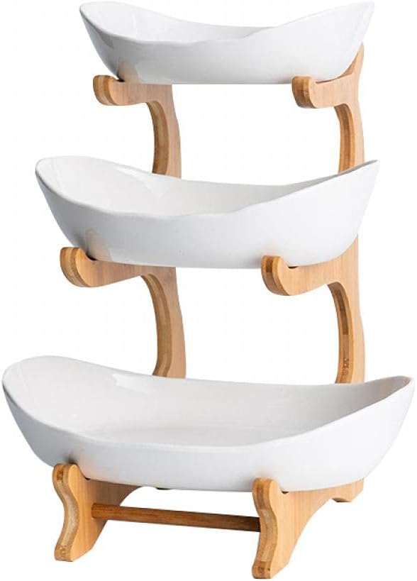 3 Tier Fruit Bowl With Bamboo Stand for Kitchen Counter,Ceramic Fruit Basket Large Capacity for Fruit Vegetable Storage,Snack Dessert Cake Tray Plate Rack for Party Wedding (White)