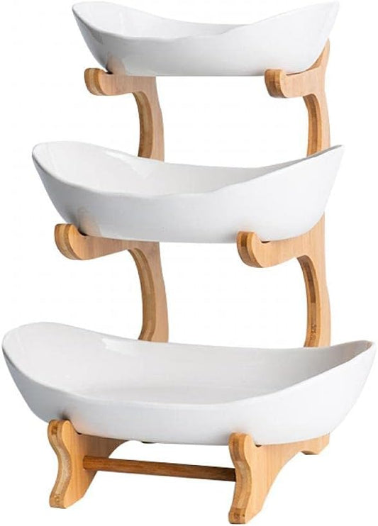 3 Tier Fruit Bowl With Bamboo Stand for Kitchen Counter,Ceramic Fruit Basket Large Capacity for Fruit Vegetable Storage,Snack Dessert Cake Tray Plate Rack for Party Wedding (White)