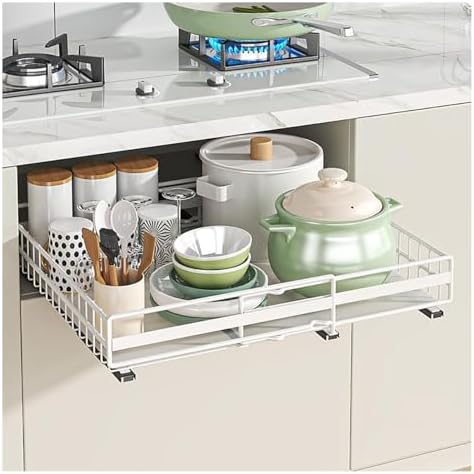 Expandable Pull Out Cabinet Organizer (31-51cm) - Slide Out Drawer with 3 Rails, Easy Adhesive/Screw Installation, No Drill Roll Out Shelves for Kitchen Storage.