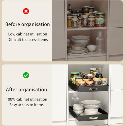 2 Pack Pull-Out Storage Organizers for Kitchen Cabinets, No-Drill Design, Chrome-Plated Steel, Ideal for Pantry and Bathroom Organization