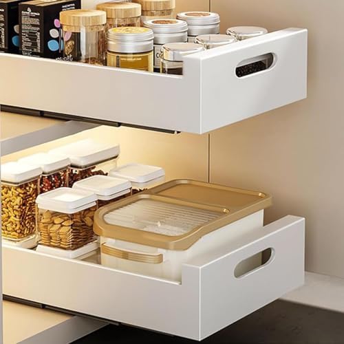 2PCS Heavy Duty Pull Out Cabinet Shelves - Drill-Free Slide Out Storage Drawers for Kitchen & Bathroom - 40cm Black Solution，White 40cm