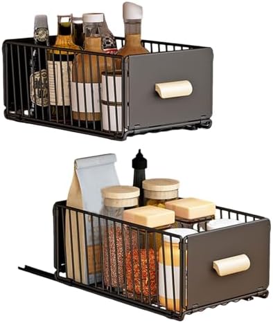 2 Pack Pull Out Cabinet Organizer No Drilling with Adhesive Strips, Silent Full Extension Slides, Slide Out Drawer for Kitchen/Bathroom Under Sink Storage Solutions