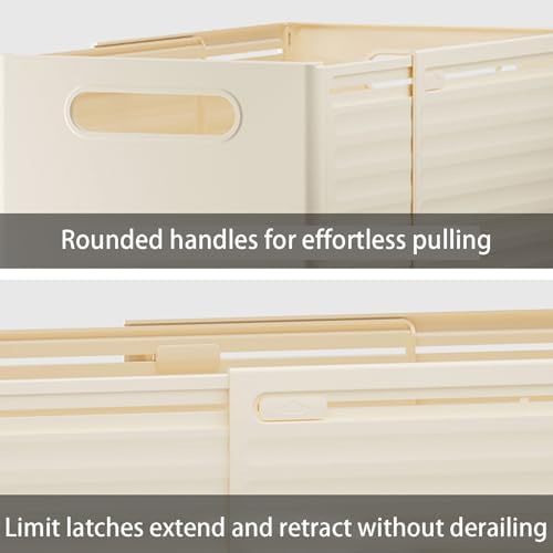 Extendable Pull Out Cabinet Organizer - Adjustable Depth 28-48cm/11-19 - Stackable Foldable Plastic Storage Bins for Pantry, Kitchen, Bathroom - No Drilling Required