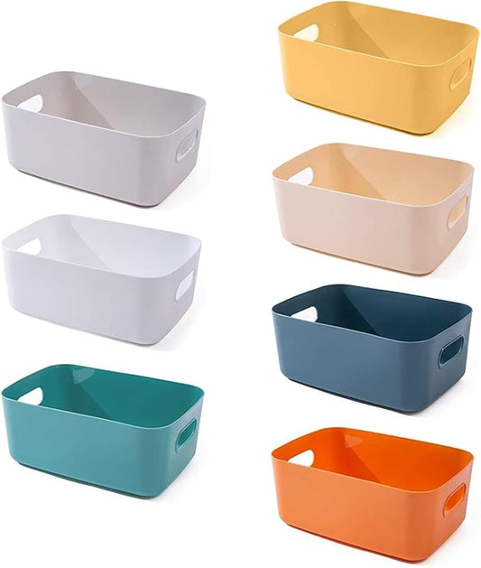 OWill 7 Pack Plastic Storage Bins, 4.2L Small Organizer Baskets with Handles, Pantry Cabinet Bathroom Classroom Storage Containers, Colorful Shelf Bins for Home Kitchen Closet Organization