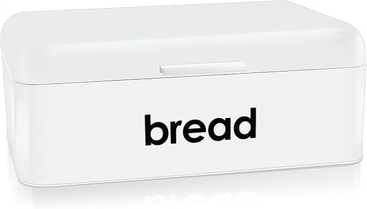 E-far Vintage Bread Box for Kitchen Countertop, White Metal Bread Storage Container Retro Bread Bin for Pastries/Loaves/Dry Food, Large Capacity & Modern Design (16.7” x 9” x 6.4”)