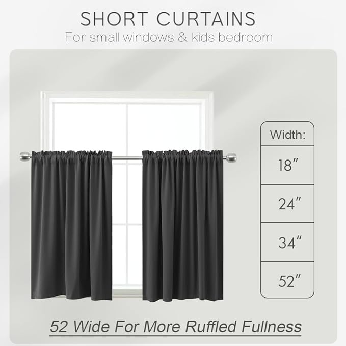 KOUFALL Small Curtains for Bathroom Window,Short Blackout Thermal Kitchen Curtains for Winter Insulated,24 x 24 Inch Length,Grey
