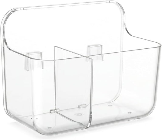 No-Drill Wall Storage Basket – 2-Compartment Clear Acrylic Organizer Bin with Strong Adhesive, Easy to Install & Remove, Waterproof Shelf for Kitchen, Bathroom, Cabinet – Sandra Series