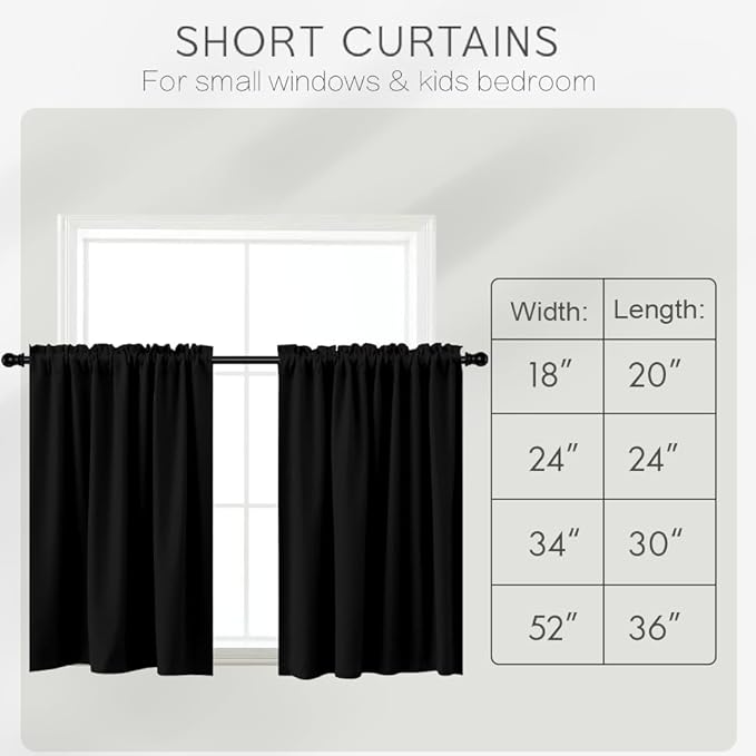 KOUFALL 32 Inch Small Window Curtains, Blackout Thermal Curtains for Kitchen Bathroom, 24W x 32L, Black