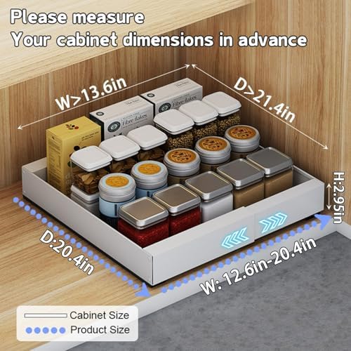 Expandable Pull Out Cabinet Organizer, Heavy Duty Sliding Pantry Shelves, No Drill, Adjustable 12.6"-20.4" Width, 20.4" Depth, Kitchen Storage Solution, White